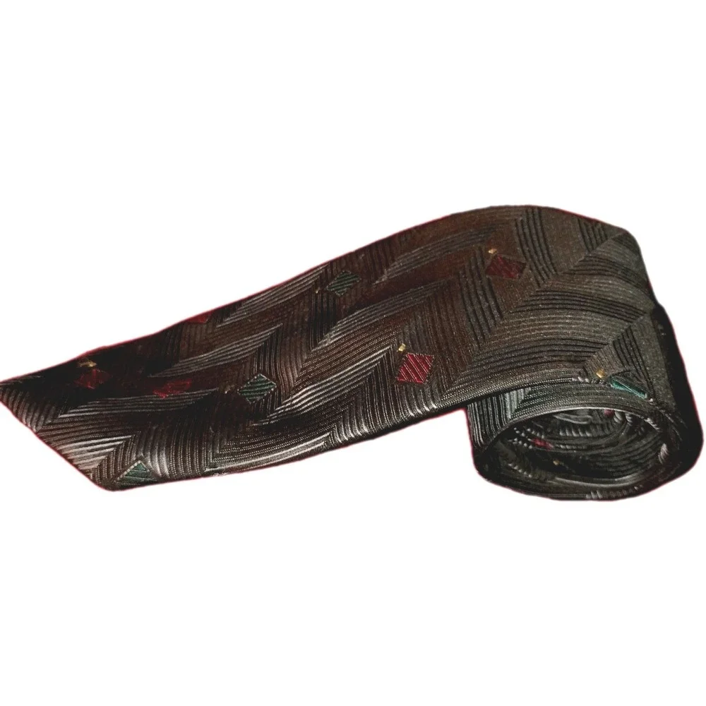 Christian Dior MONSIEUR Neck Tie Geometric Gray Matte Metal Tone Red Green Boxes